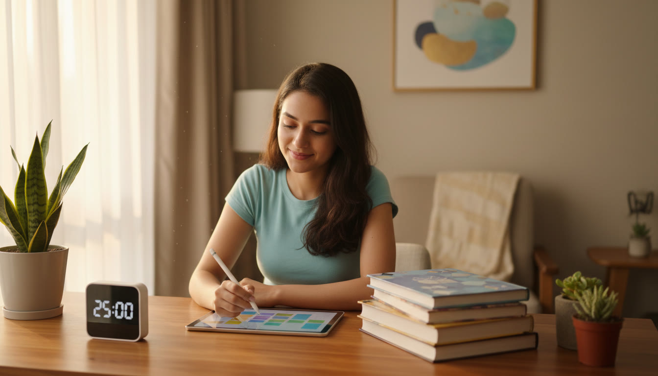 Photo Idea : A focused student at a tidy desk with a study planner, a timer, and NEET books neatly stacked