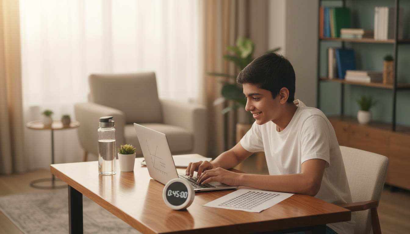 Photo Idea : A focused student at a desk taking a mock test with a timer and an OMR sheet nearby