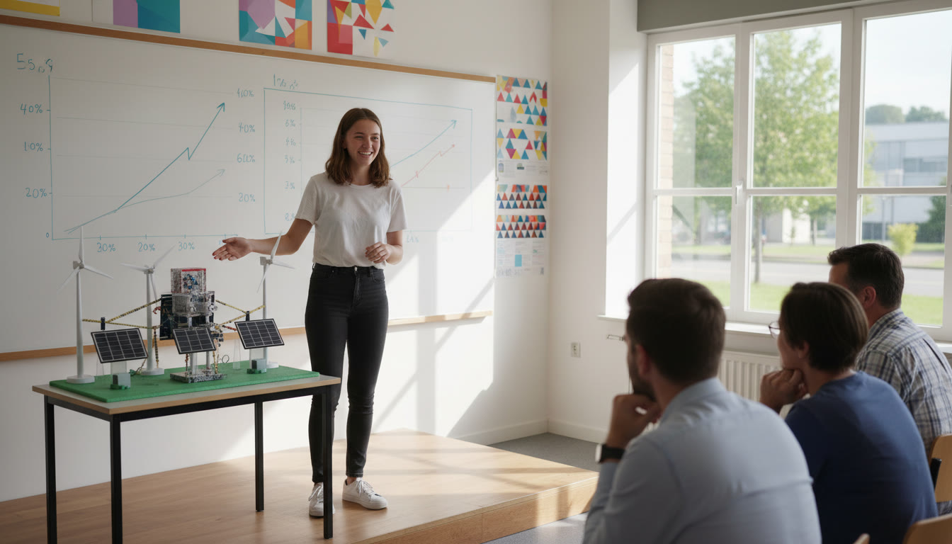 Photo Idea : A student presenting a CAS project prototype to a small audience, with a whiteboard showing metrics