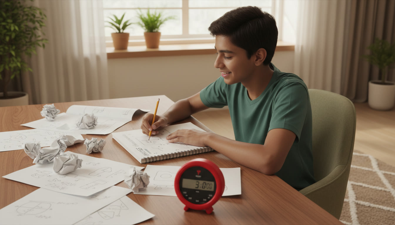 Photo Idea : Student at a desk with stopwatch and messy scratch paper, focusing on a complex physics problem