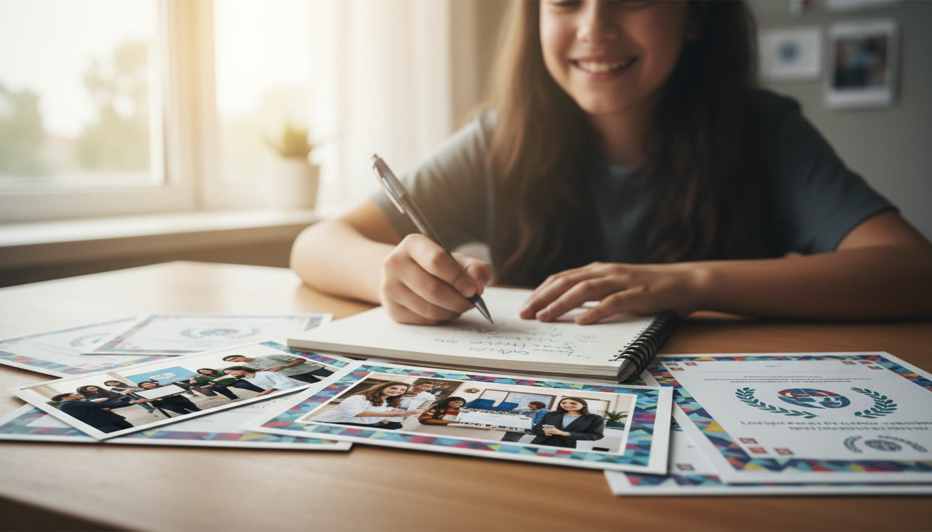 Photo Idea : Close-up of a student writing reflective notes beside photos and certificates