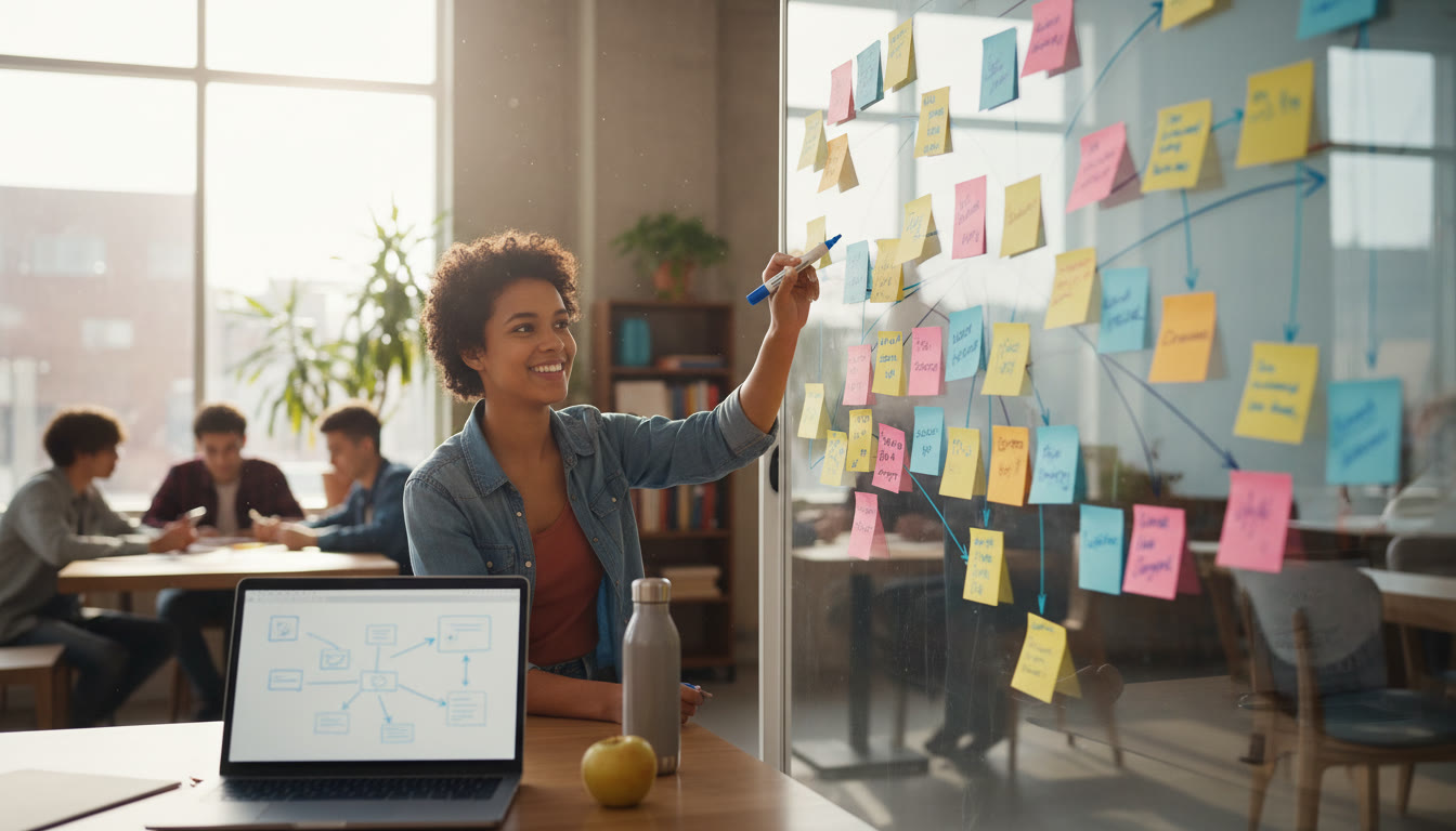 Photo Idea : Student mapping out a CAS project on a whiteboard with colorful sticky notes and a laptop