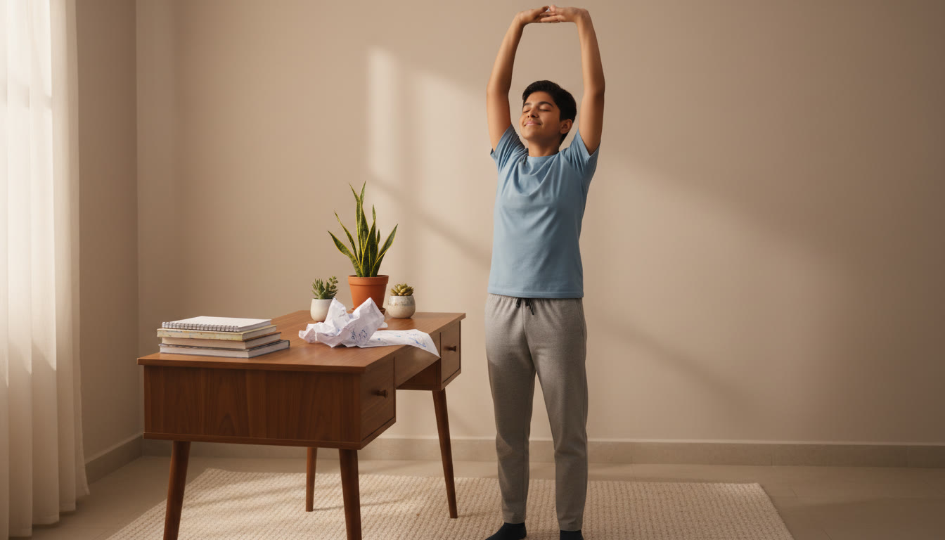 Photo Idea : a student stretching and practicing deep breathing beside a desk with a mock test printout