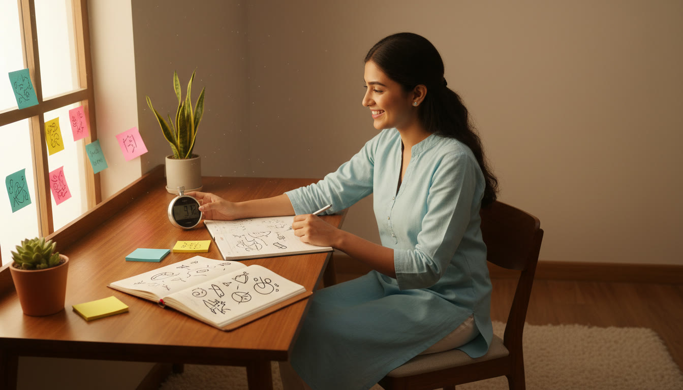 Photo Idea : A student sitting at a desk timing a mock test with a notebook titled