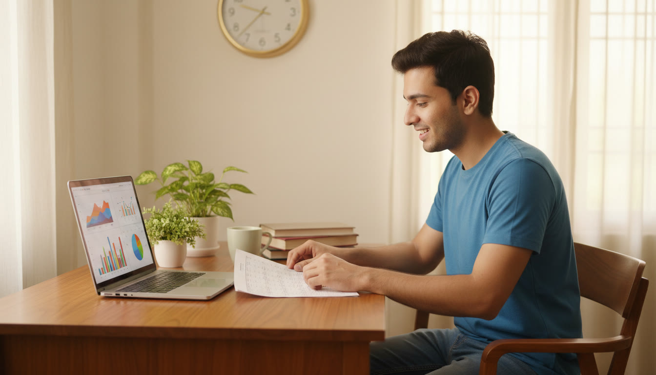 Photo Idea : student at a desk adjusting a paper timetable with a laptop and a wall clock visible