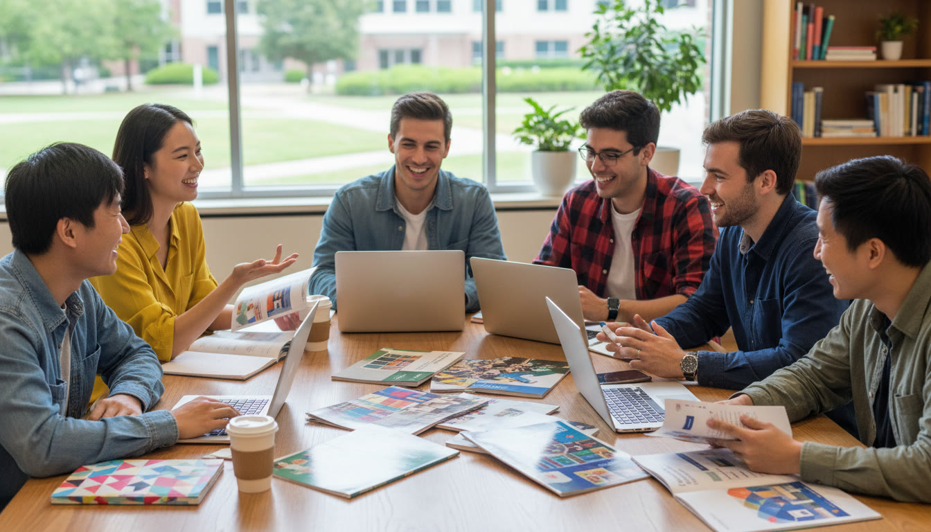 Photo Idea : A diverse group of IB students gathered around a table with laptops and university brochures, deep in discussion