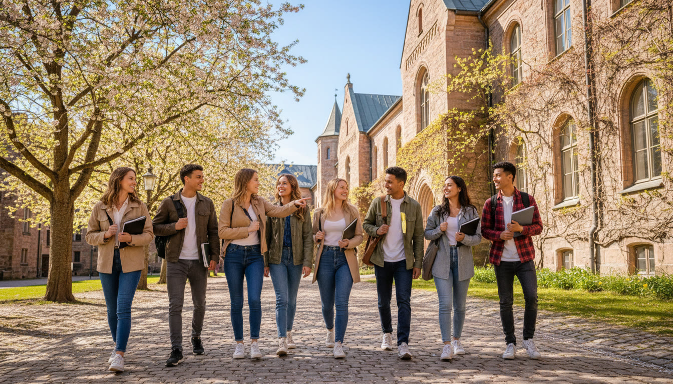 Photo Idea : Students walking past Lund University’s historic buildings on a bright day