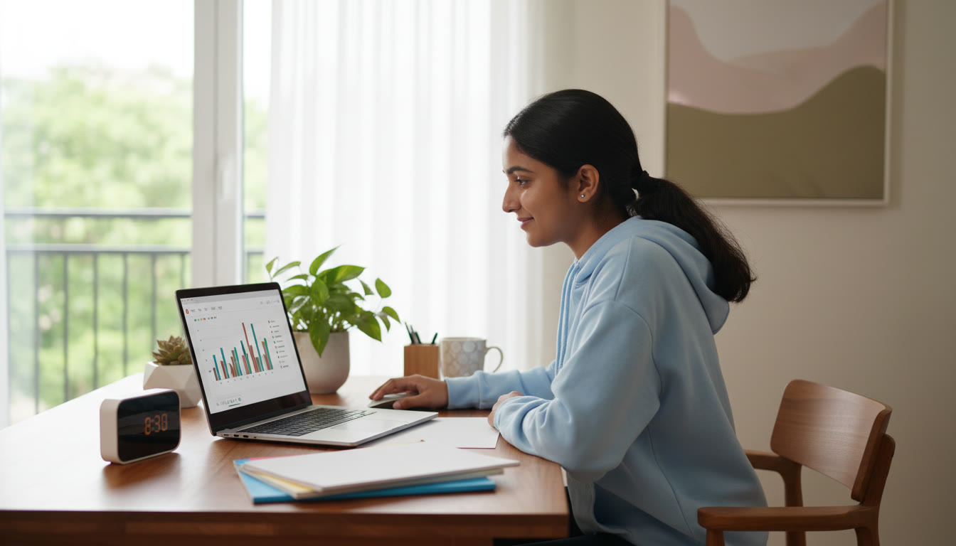 Photo Idea : A focused student at a desk with a laptop and timer, practicing a timed mock test