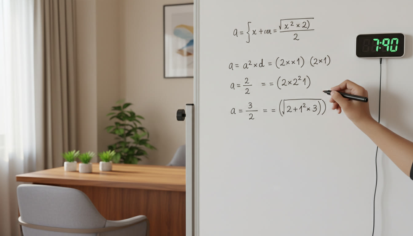 Photo Idea : A hand writing equations on a whiteboard while a timer counts down, representing timed practice sessions.
