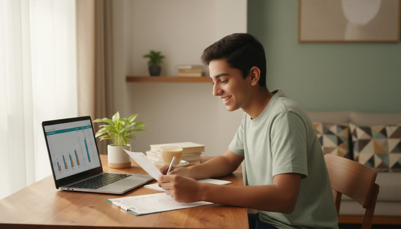 Photo Idea : Student analyzing a paper with a checklist and a laptop showing a scorecard