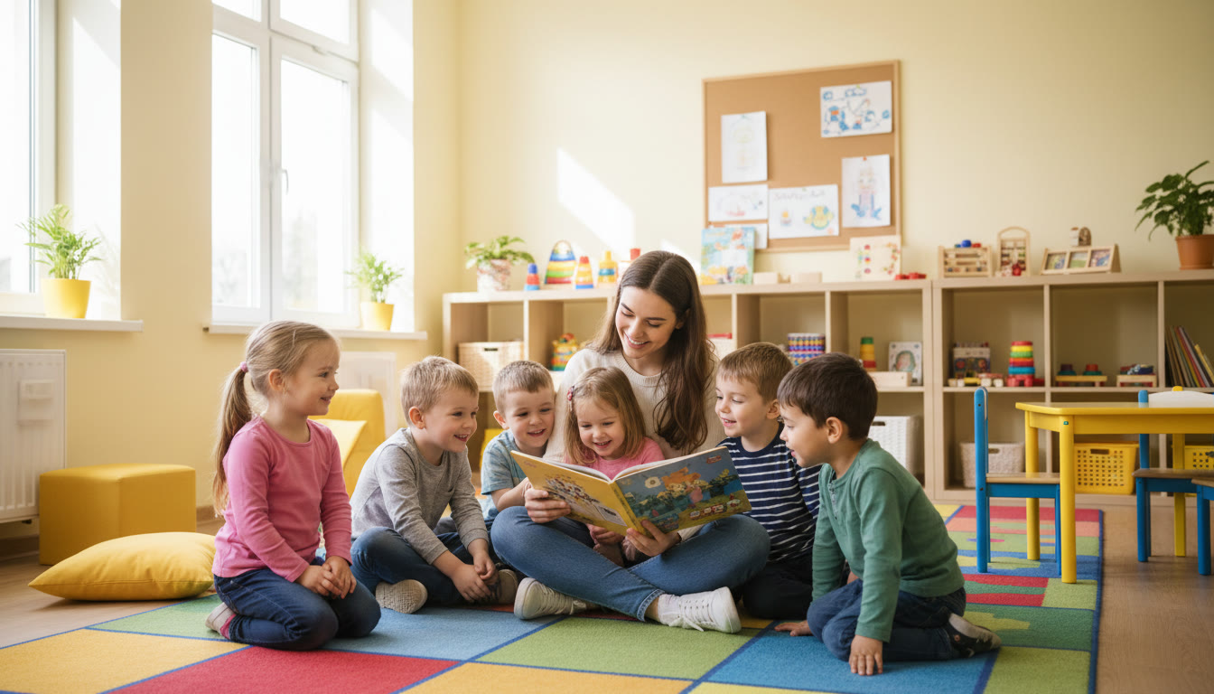 Photo Idea : A student facilitator reading to a small group of children in a bright community room