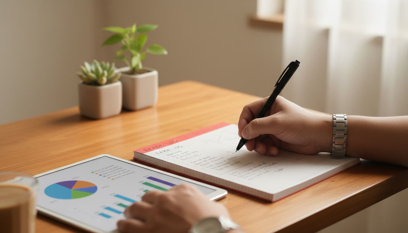 Photo Idea : Close-up of a hand writing in an error log beside a tablet showing colored mock test analytics
