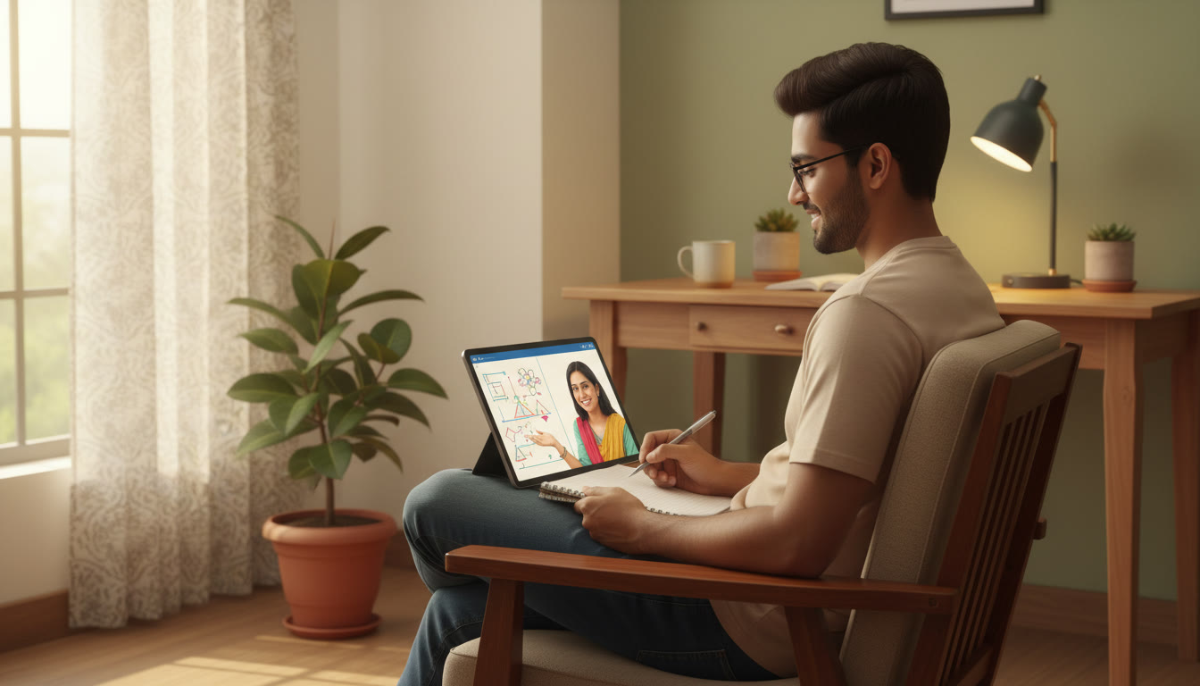 Photo Idea : A one-on-one online tutoring session on a tablet showing a tutor explaining a diagram while a student takes notes