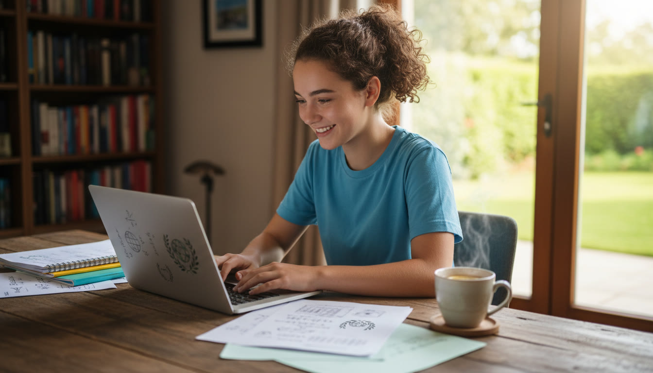 Photo Idea : Student coding on a laptop with IB subject notes and a cup of tea nearby
