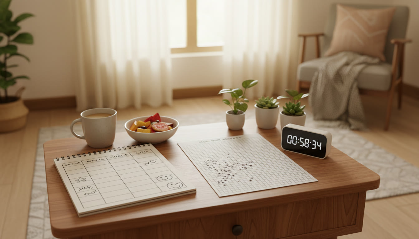 Photo Idea : A small desk with a mock OMR answer sheet, a timer, and a notebook with an error log open