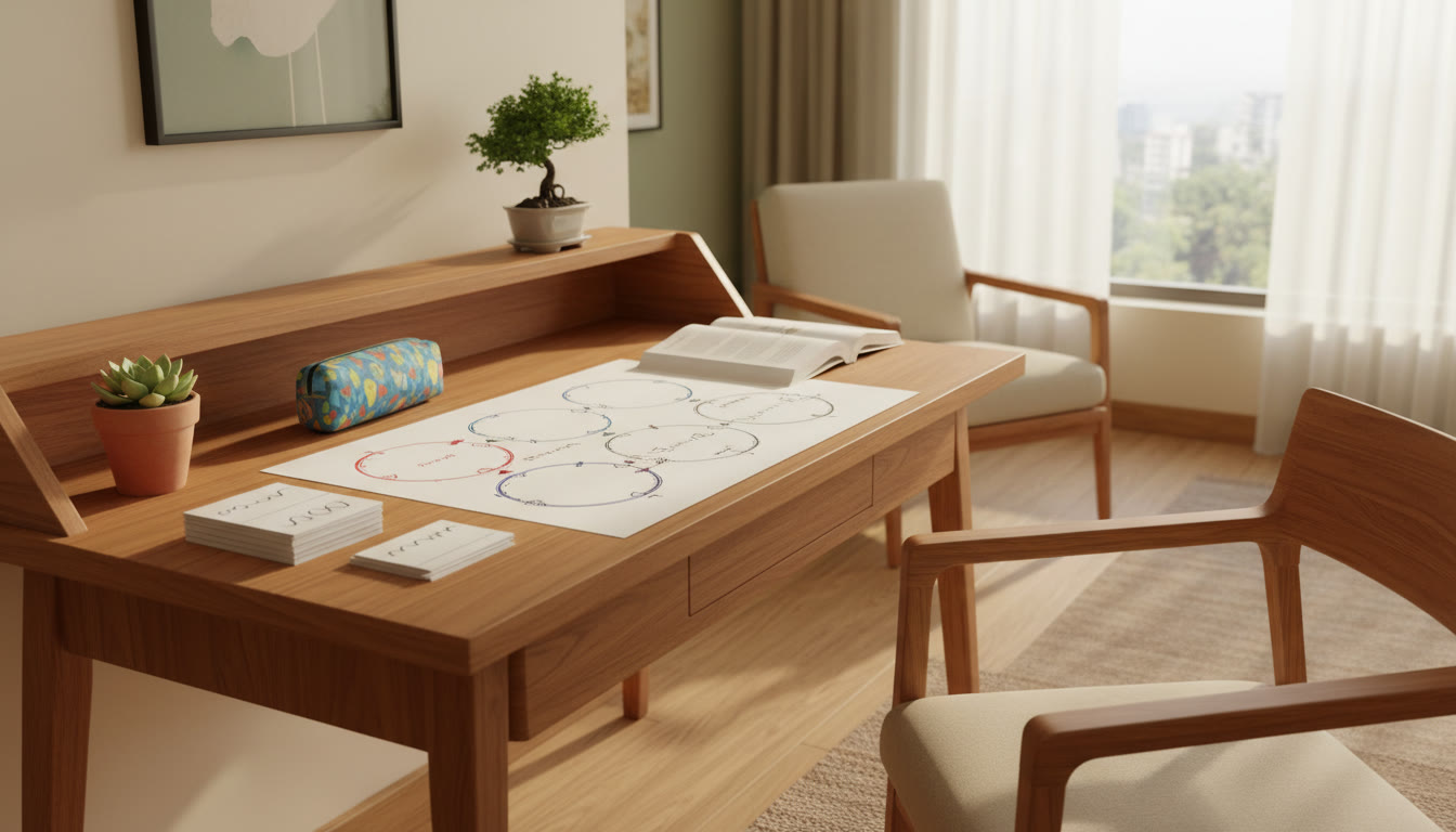 Photo Idea : A tidy desk with a biology diagram being redrawn, labeled flashcards beside it