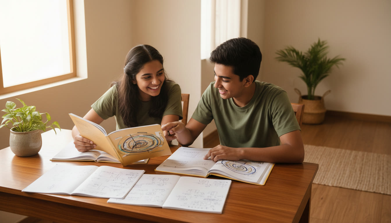 Photo Idea : Two students at a desk comparing handwritten notes and textbooks titled 