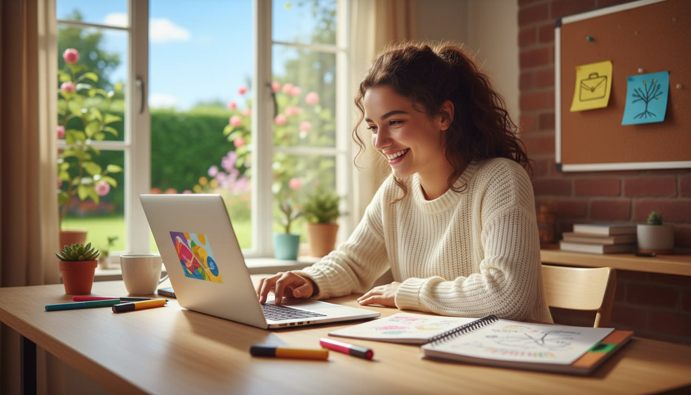 Photo Idea : Student at a desk with a laptop, notebook, and sticky notes labelled 