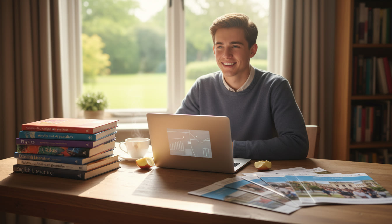 Photo Idea : Student at a desk surrounded by subject textbooks and university prospectuses