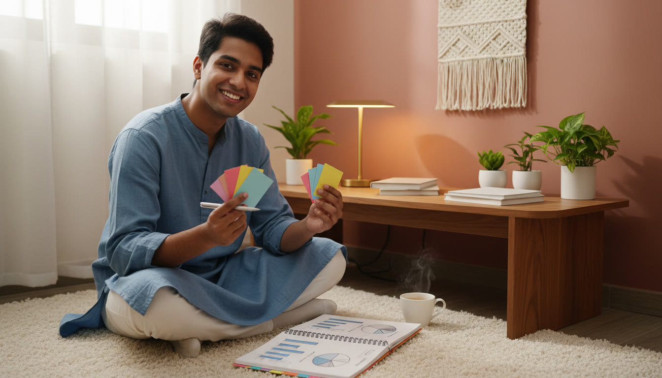Photo Idea : A student studying with flashcards and a notebook showing topic-wise error logs