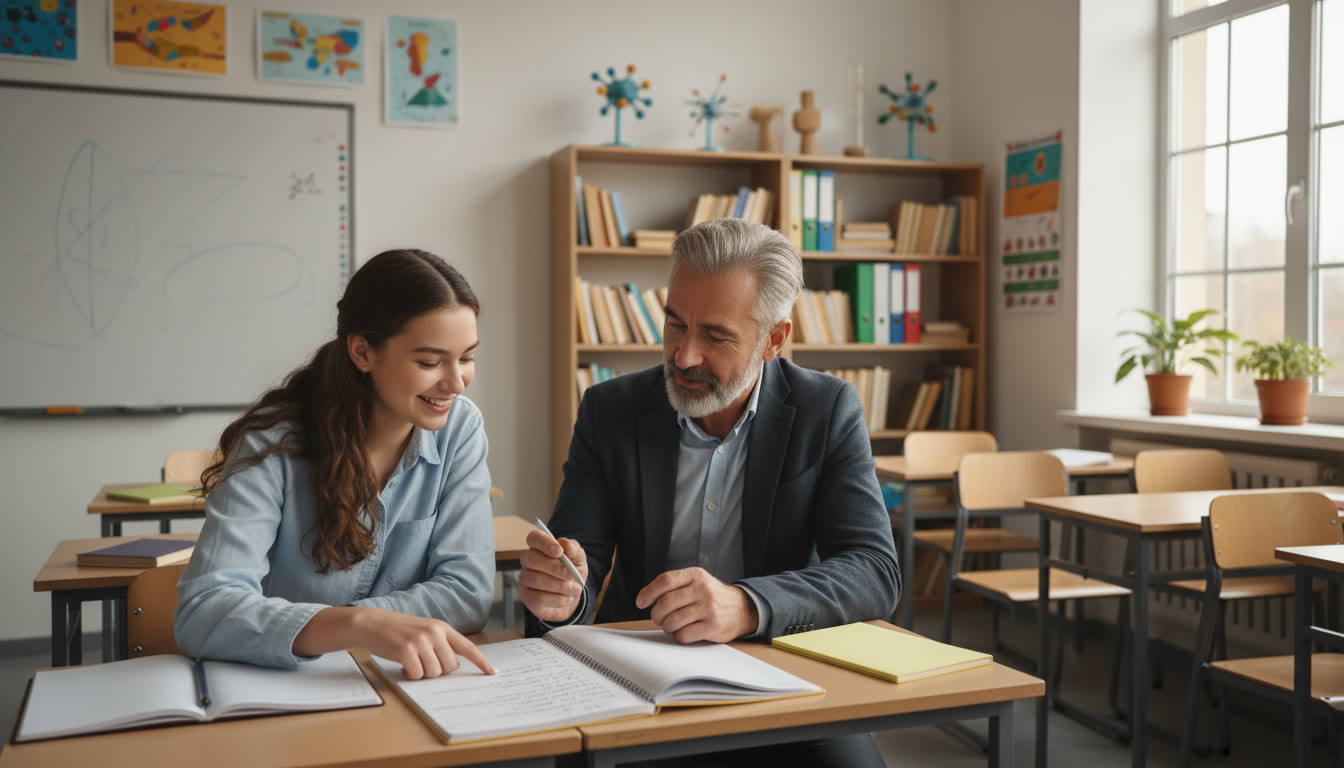 Photo Idea : A student discussing a draft with a teacher in a classroom, pointing at notes