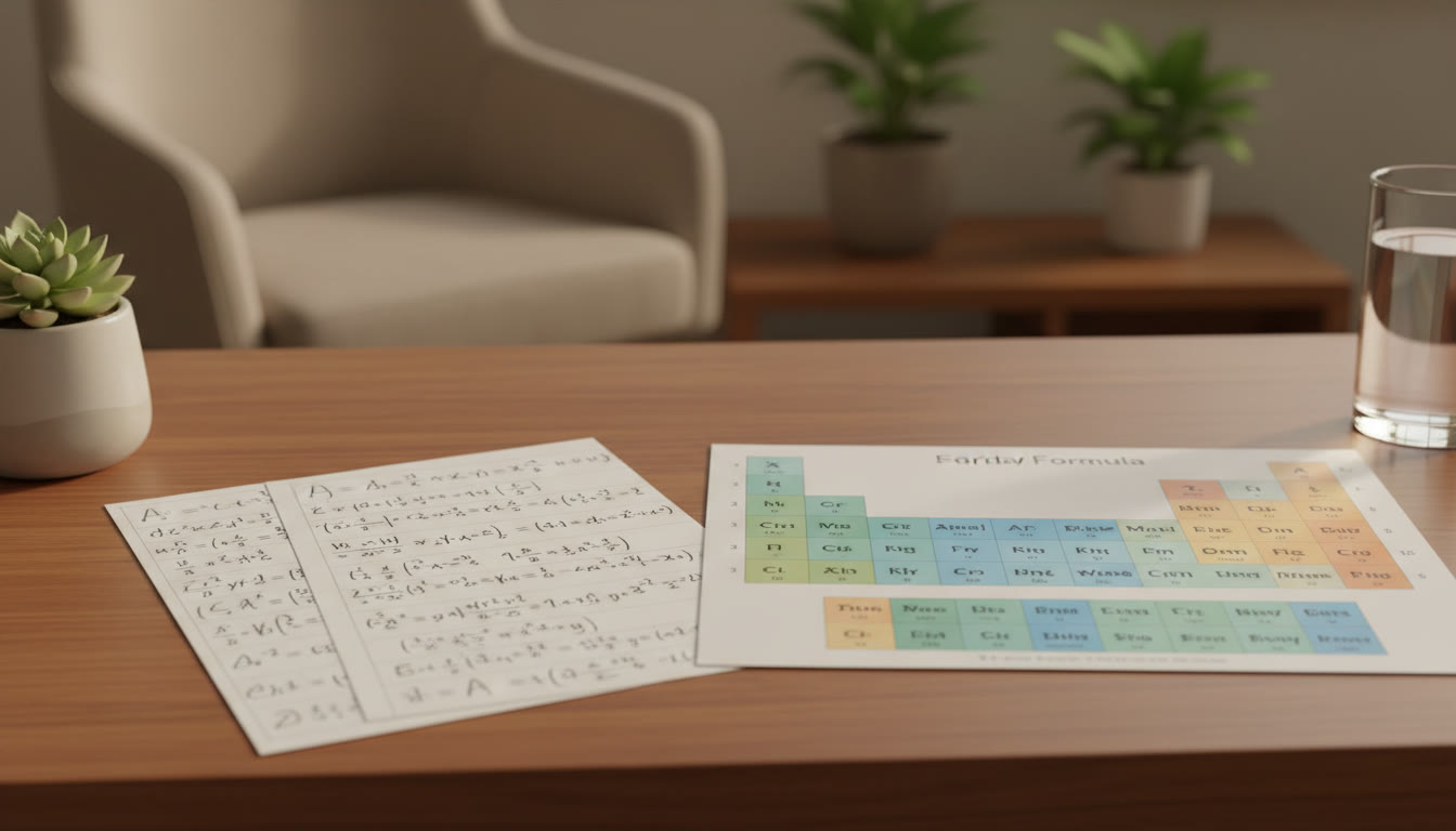 Photo Idea : A close-up of neatly handwritten formula sheets and a color-coded periodic table chart on the desk