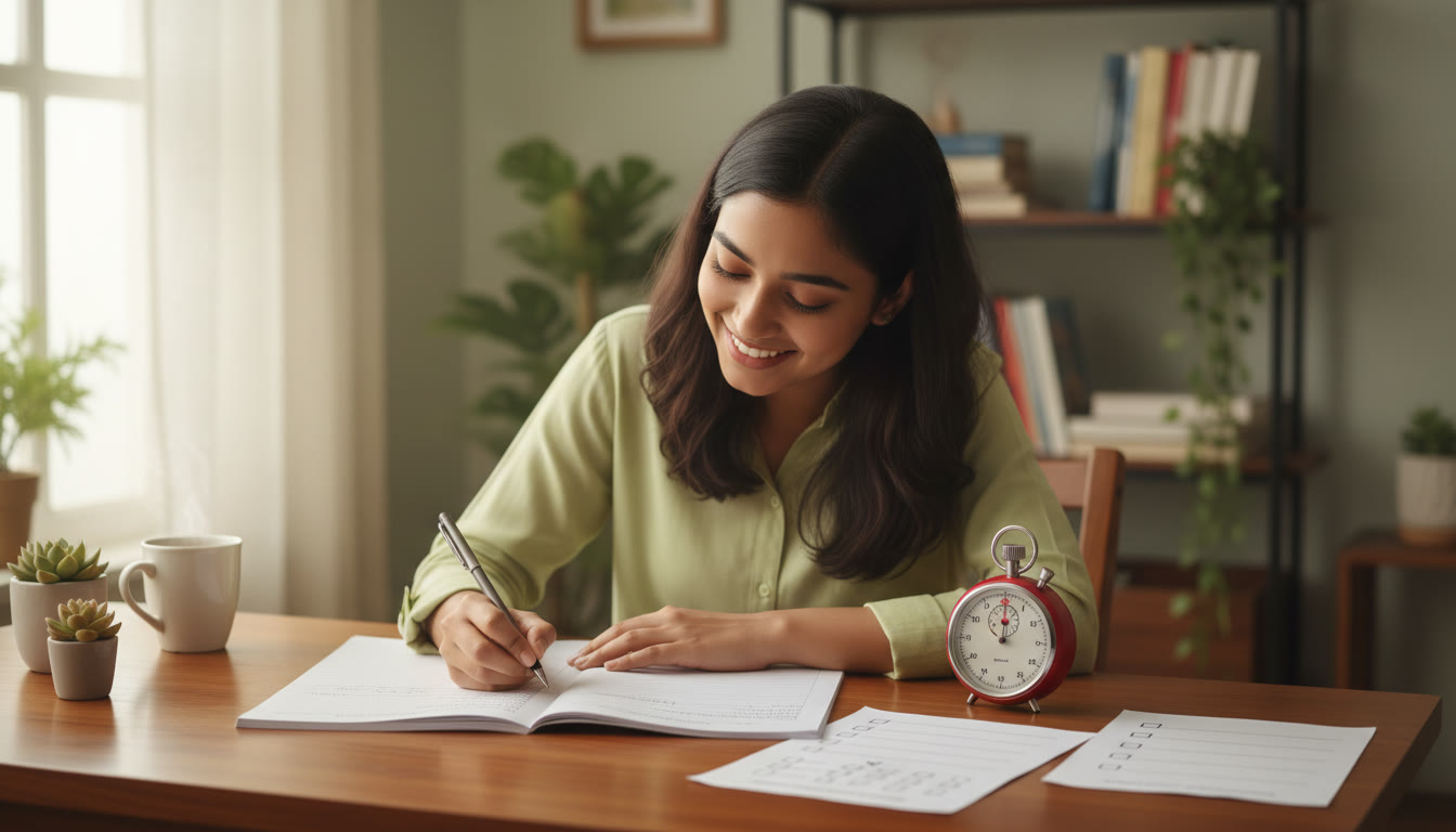Photo Idea : A student writing a full-length mock test at a desk with a visible stopwatch and checklists