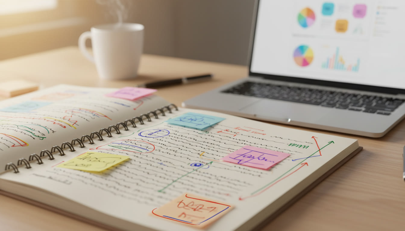 Photo Idea : close-up of annotated essay with colored sticky notes and a laptop beside it