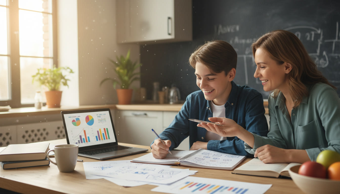 Photo Idea : A student and parent reviewing a notebook and laptop together at a kitchen table, smiling and making notes
