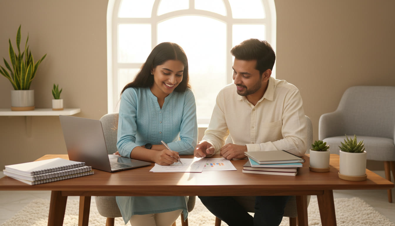 Photo Idea : Student and tutor sitting at a table with notebooks and a laptop, pointing at a mock test paper