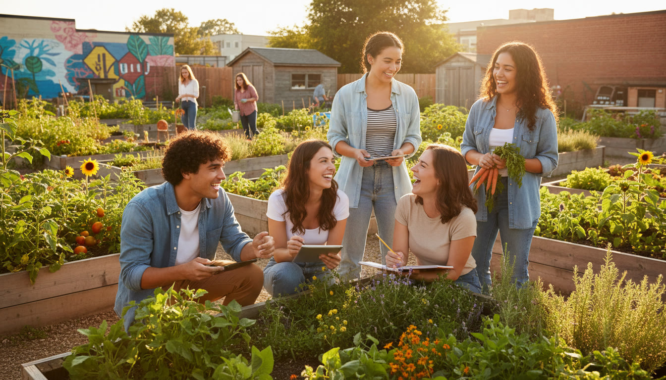 Photo Idea : Students collaborating on a community garden, taking notes and smiling