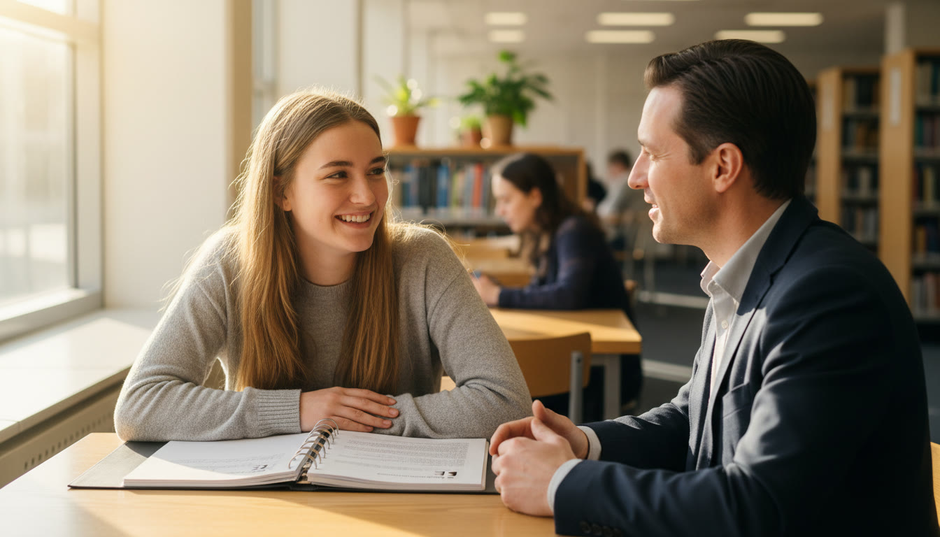 Photo Idea : Student sitting at a table with an open EE binder, talking with an interviewer, warm natural light