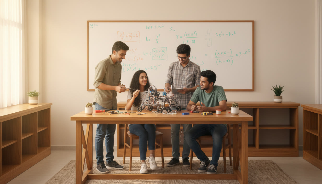 Photo Idea : A small group of students working on a robotics project in a lab, surrounded by tools and a whiteboard full of equations