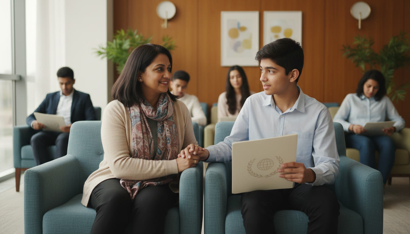 Photo Idea : Calm waiting room scene with a parent offering a reassuring smile to a teenager holding a folder