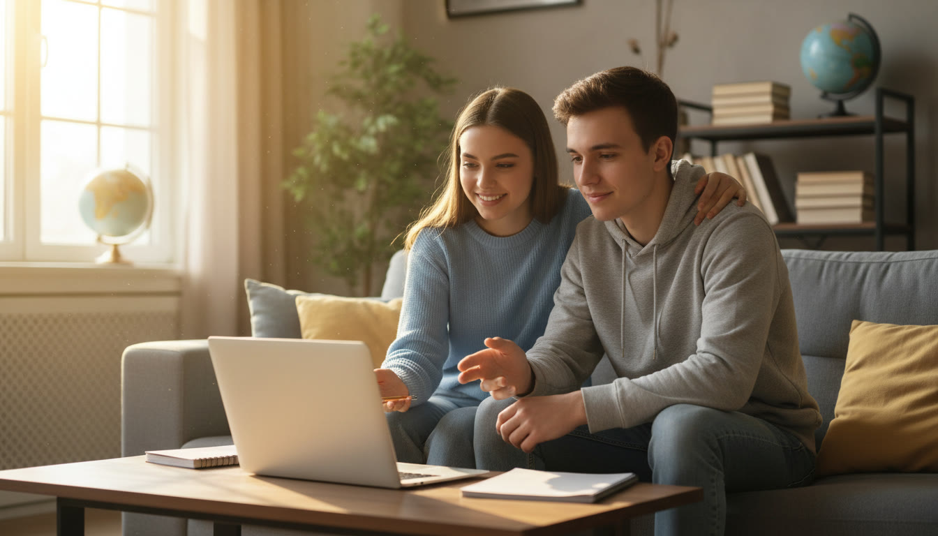 Photo Idea : student and friend sitting at a laptop looking through results together, expressions of reassurance