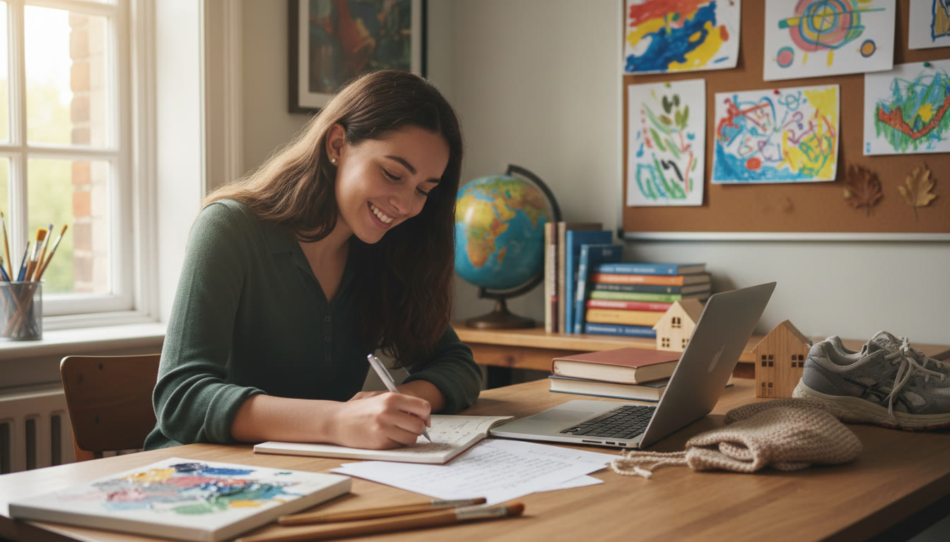 Photo Idea : IB student at a desk writing an application essay with notes, a laptop, and CAS artefacts nearby