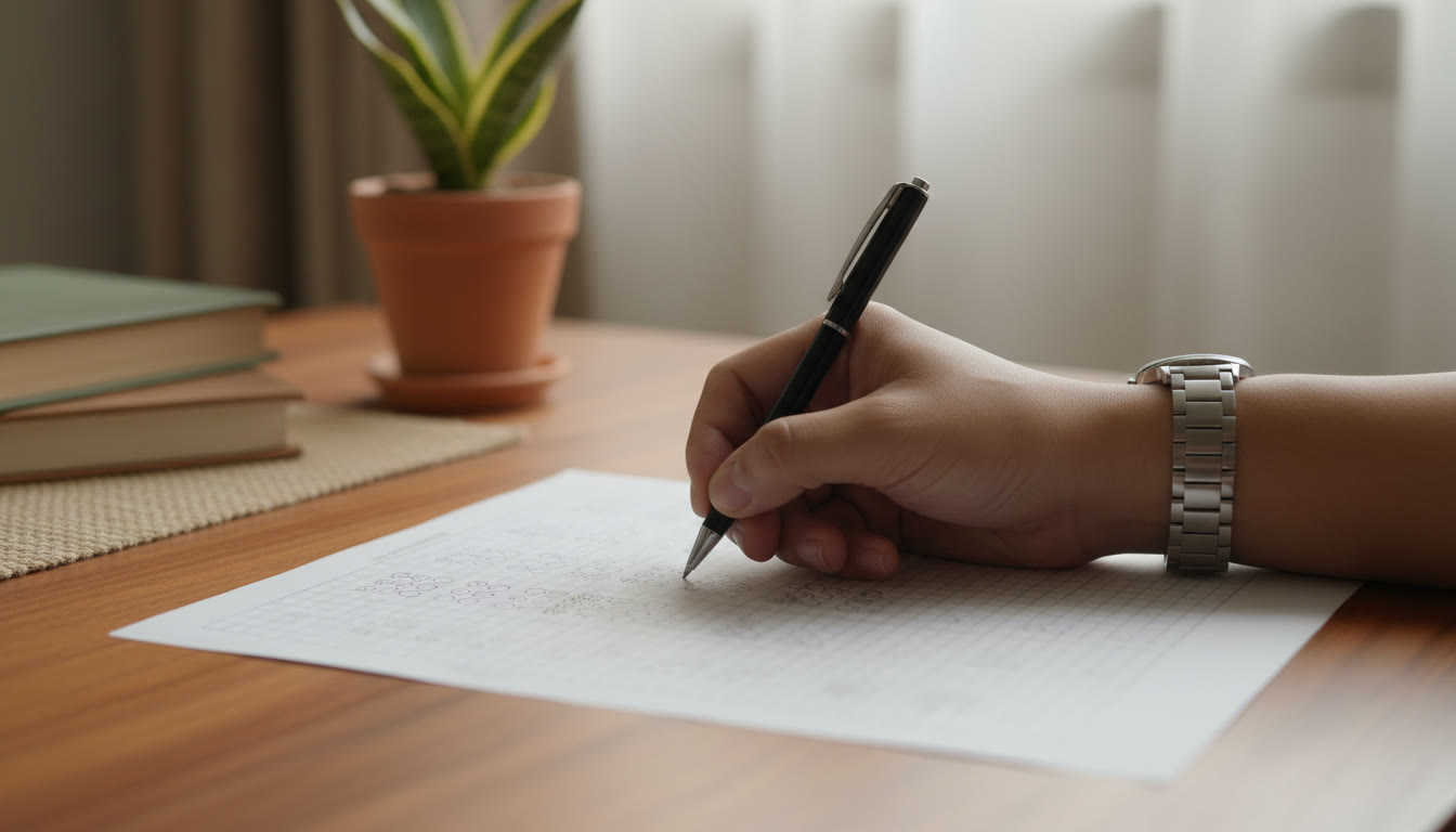 Photo Idea : Close-up of a hand marking an answer bubble on an OMR sheet with a watch visible