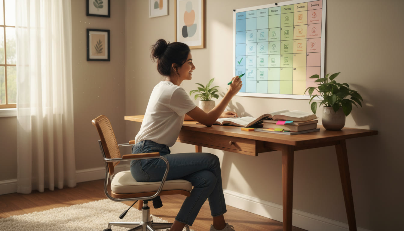 Photo Idea : A student at a desk writing on a colour-coded calendar and marking chapters
