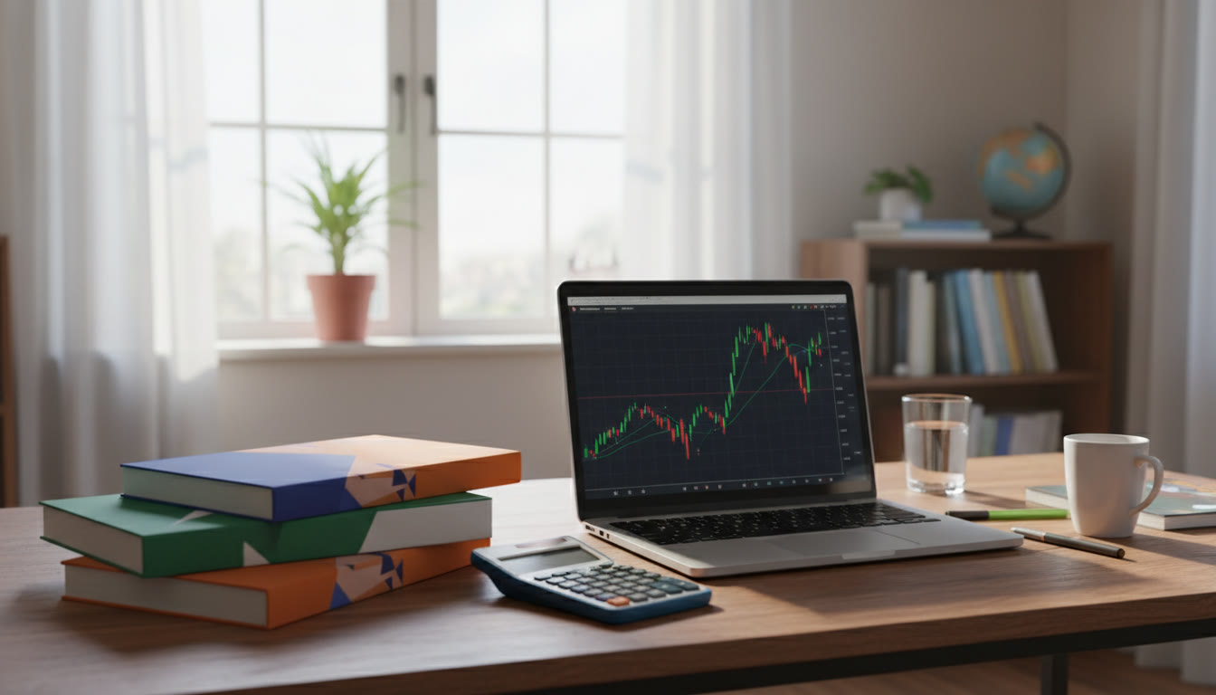 Photo Idea : A study desk with IB textbooks, a calculator, and a laptop showing a market chart