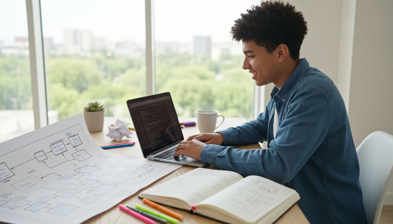 Photo Idea : Student at a desk coding with a printed flowchart and a notebook of handwritten test cases