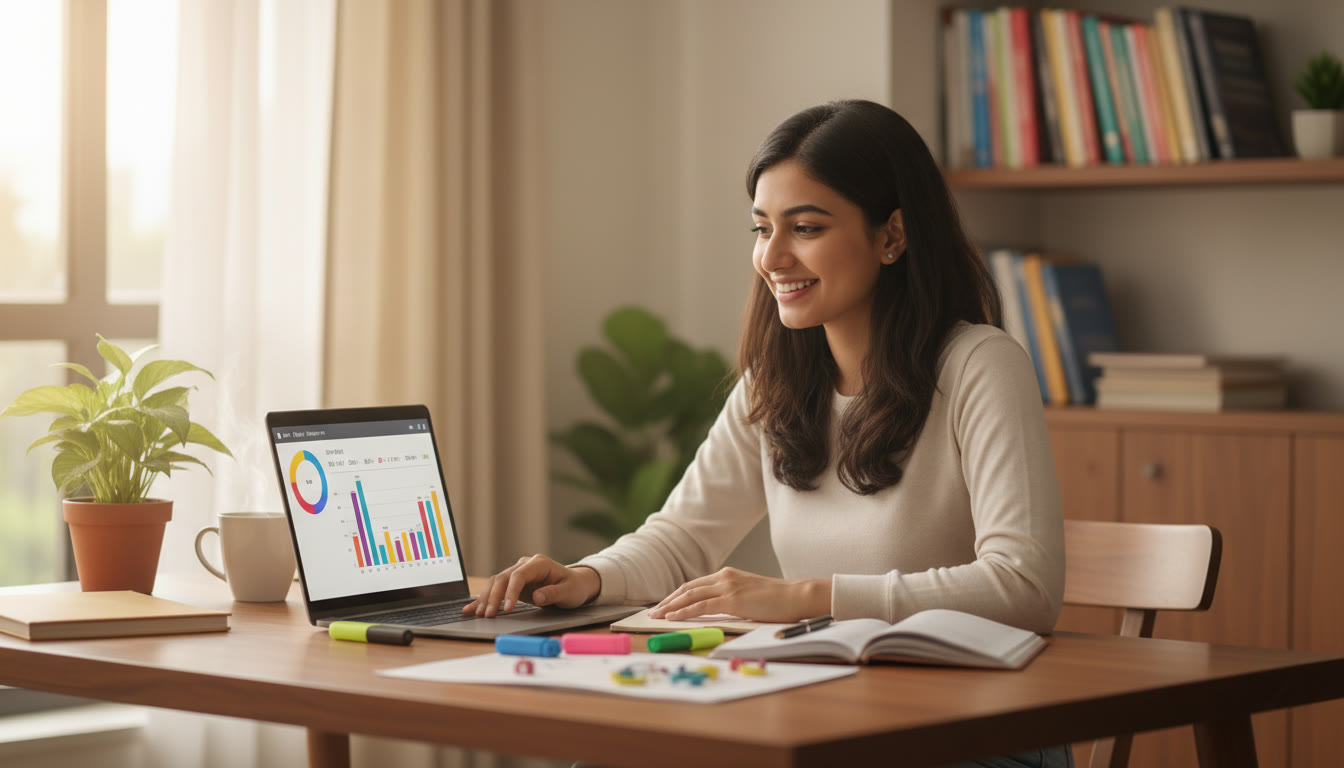 Photo Idea : A focused student seated at a desk with a laptop showing an online mock test timer, scattered notebooks, and a cup of tea