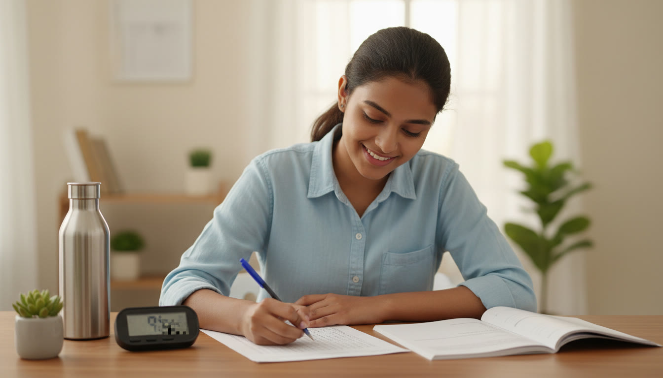 Photo Idea : Focused student taking a timed mock test at a clutter-free desk with OMR sheet and a digital stopwatch