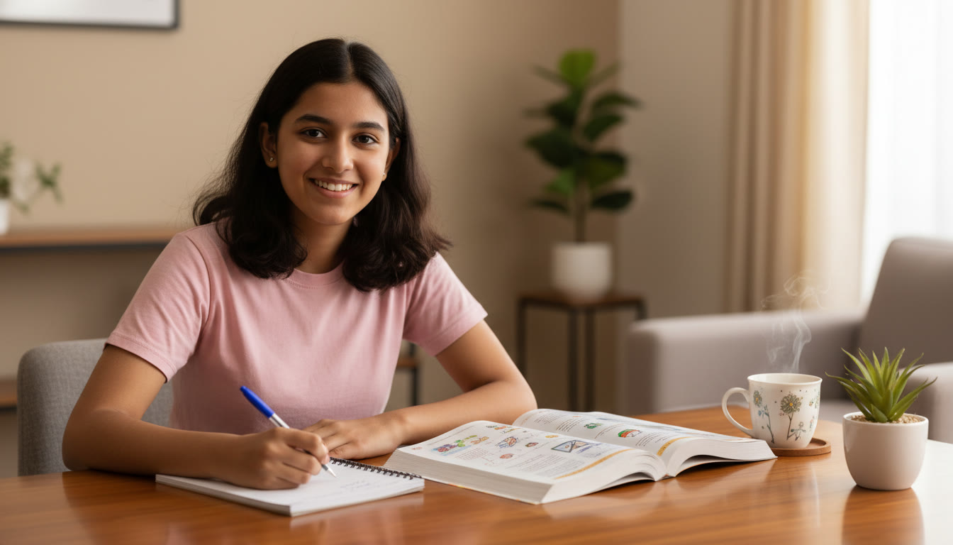 Photo Idea : A student at a tidy desk with an open CBSE textbook, notebook, and a cup of tea, making a checklist