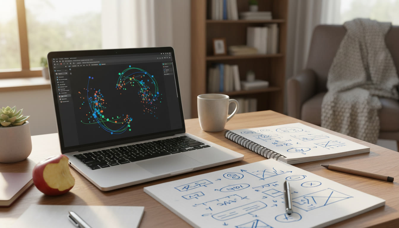 Photo Idea : a laptop screen showing a Jupyter notebook with a data plot and a notebook open beside it with handwritten notes