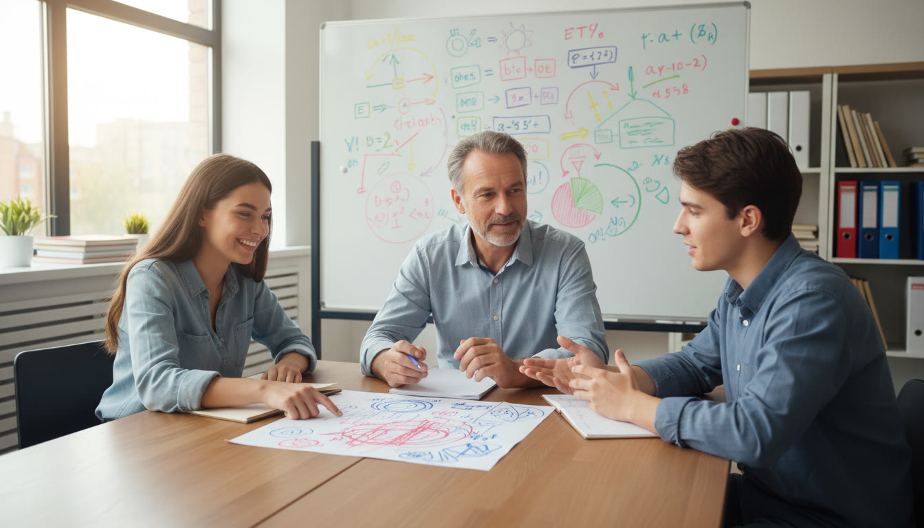 Photo Idea : Two students discussing a marked mock paper with a tutor, whiteboard notes visible