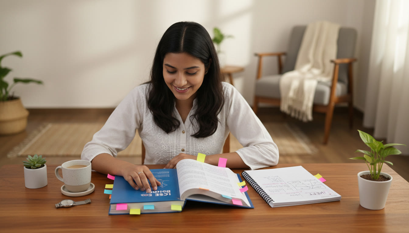 Photo Idea : Student at a desk comparing an ICSE textbook with NEET notes, colorful sticky tabs and a watch nearby