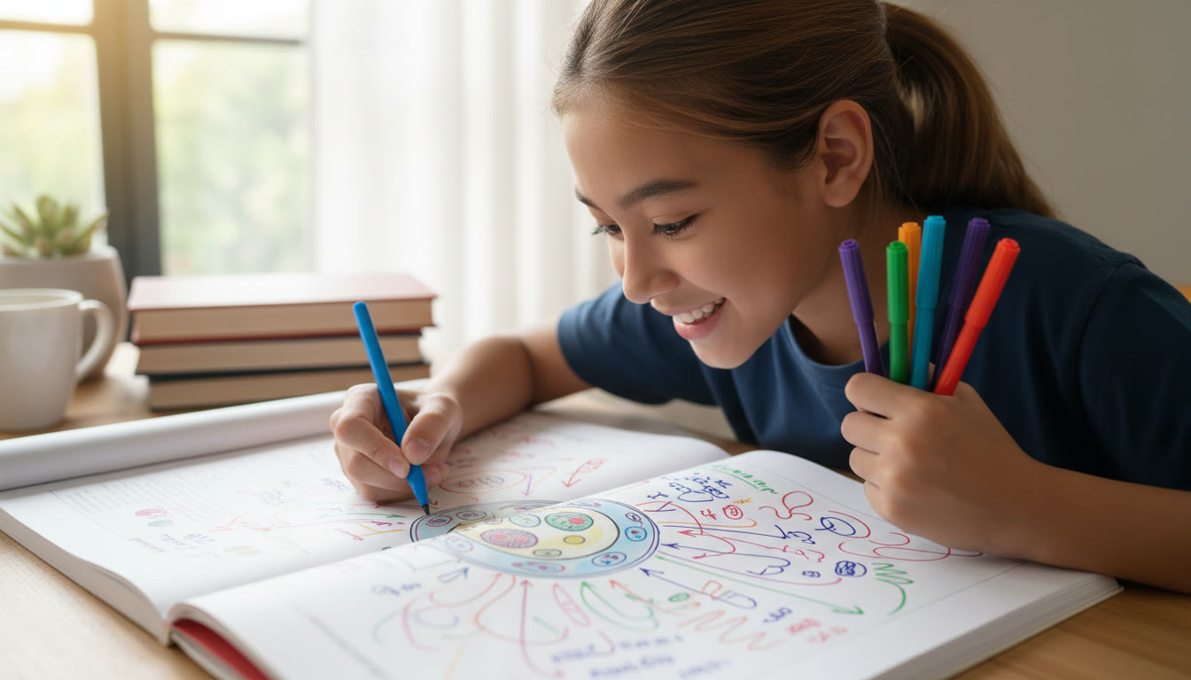 Photo Idea : Close-up of a student annotating a labeled diagram of a cell with colored pens