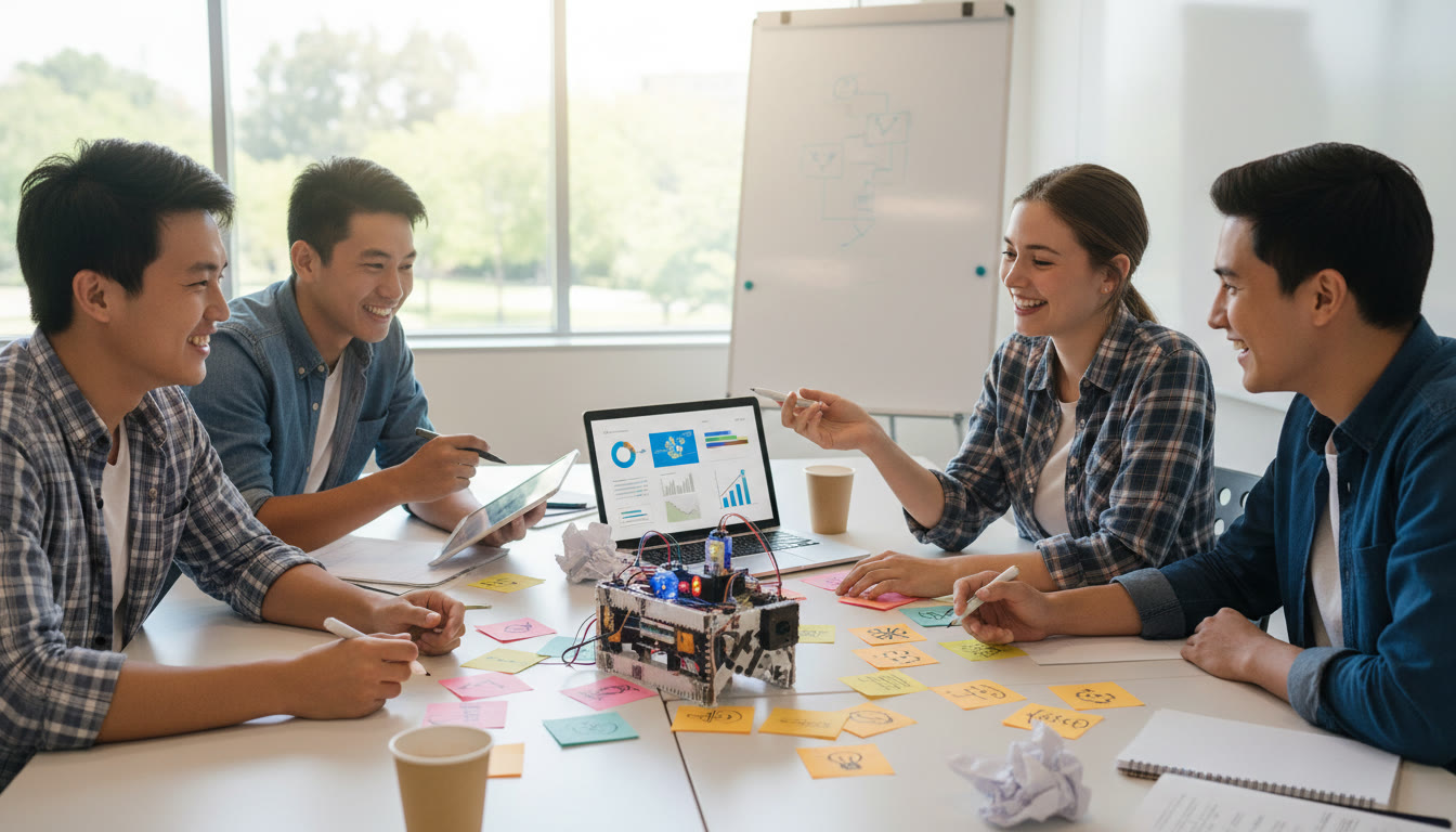 Photo Idea : students gathered around a prototype and laptop, sketching a business plan on sticky notes