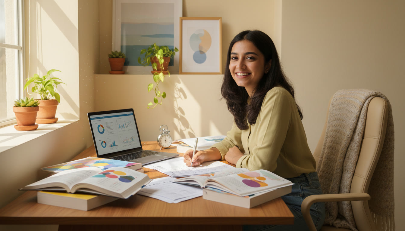 Photo Idea : Student at a tidy desk with open textbooks and a stopwatch, practicing MCQs