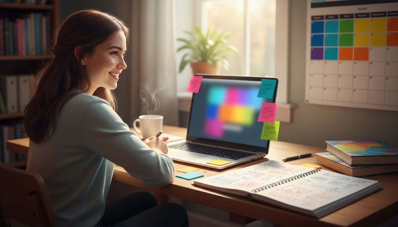 Photo Idea : student at a desk with open notebook, laptop, color-coded calendar, and sticky notes